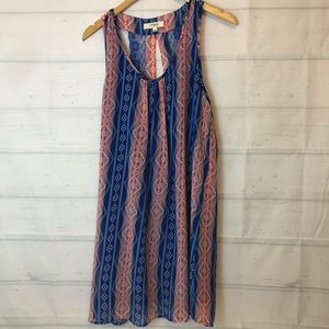 Umgee boho sleeveless striped Aztec print lace back keyhole flowy mini dress